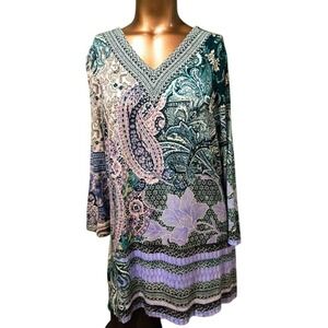 Chico's V-Neck‎ 3/4 Sleeve Tunic with Paisley Print, Green & Violet, Sz 1 (8)